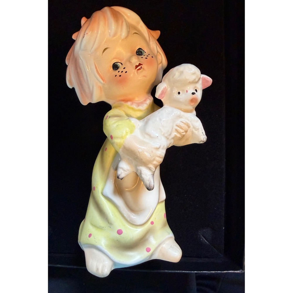 Vintage Norleans Little Girl w/ Lamb Figurine 6.5" Foil Label